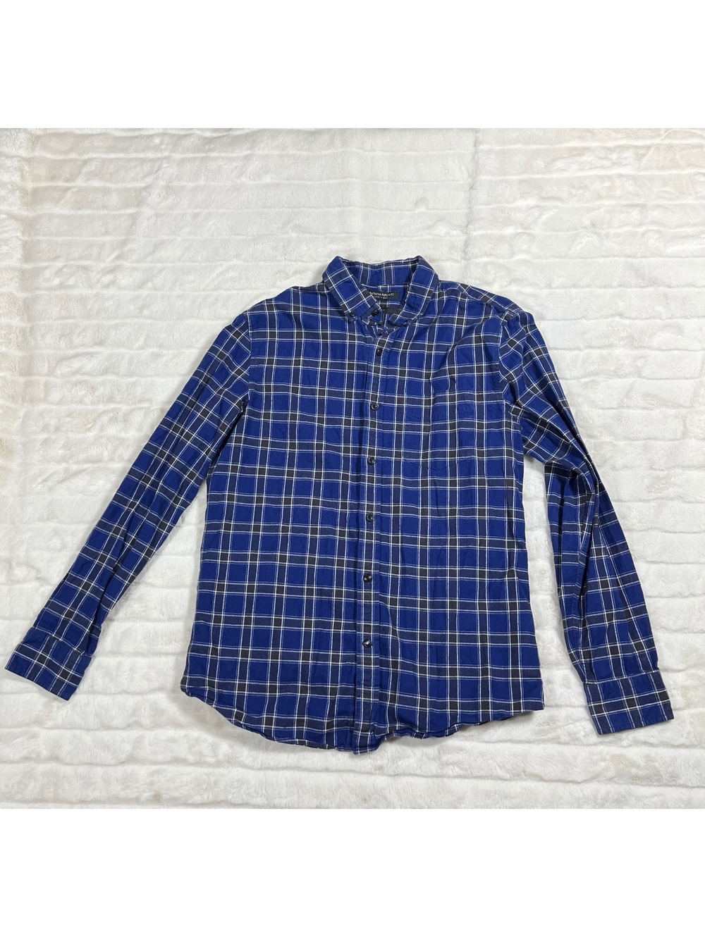 Banana Republic M Luxe Flannel Blue White Plaid Button Down Slim Fit Fall Shirt
